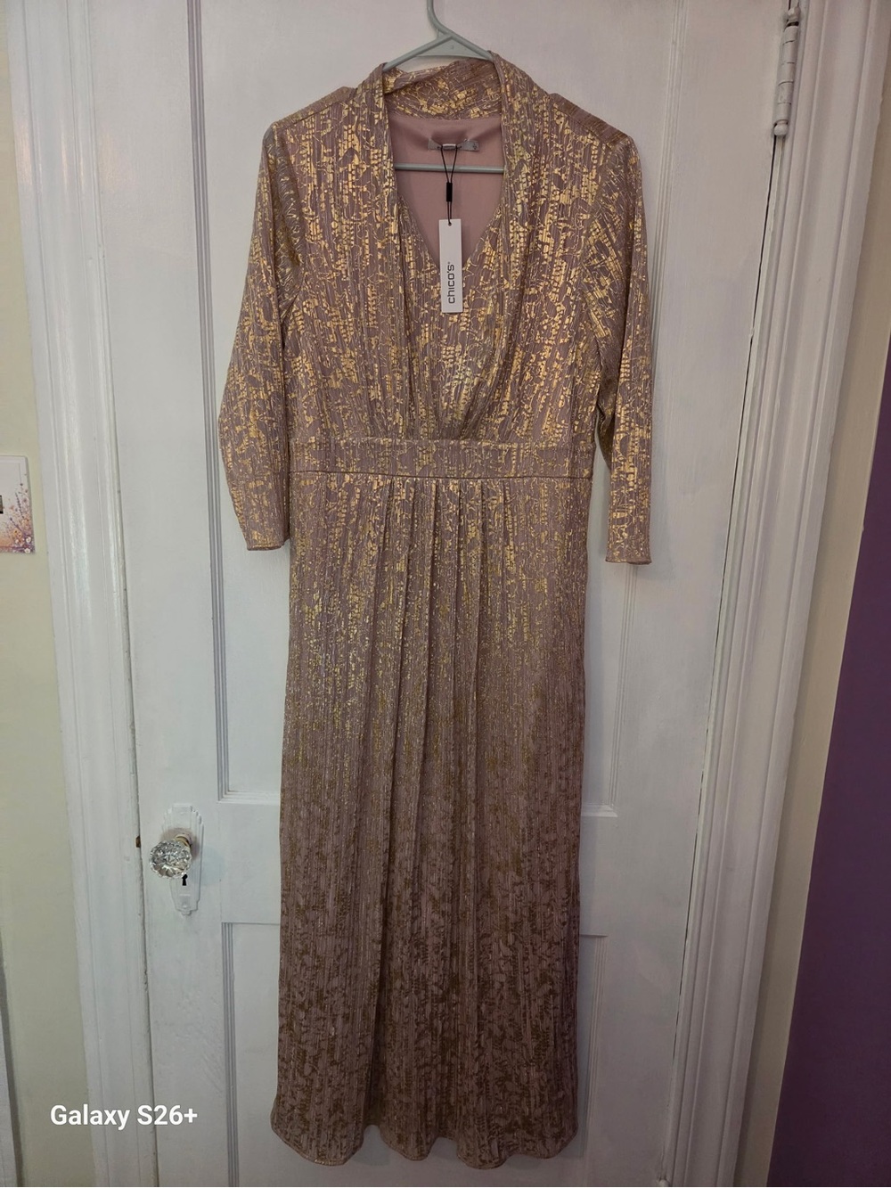 NWT Chico’s Classy Pink and Gold Long Sleeve Dress